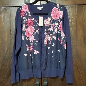 NWOT Charter Club Floral-Print Cardigan XL NAVY